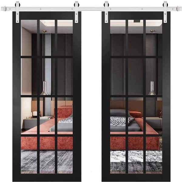 36 in. x 96 in. 2 Panel Clear Glass Black Matte Solid Wood Sliding Barn Door with Hardware Kit