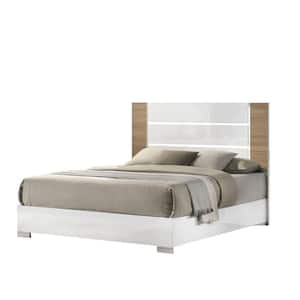 Ahndea Modern White Wood Frame Queen Panel Bed with Chrome Bracket Legs