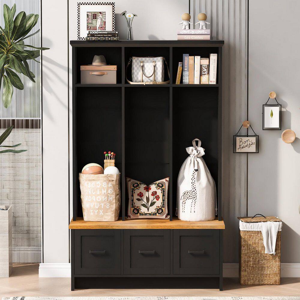 40.2 in. W x 17 in. D x 65.4 in. H Black Wood Hall Tree with Entryway Bench