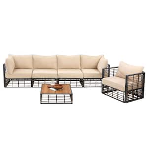6-Piece Wicker Patio Conversation Furniture Sofa Set with Water Resistant Beige Cusihons and Coffee Table