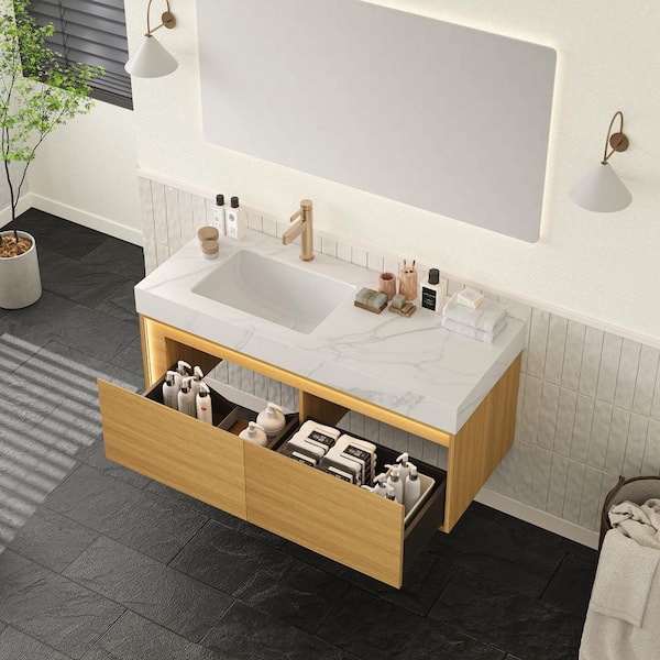 Loiry Modern 48 in. Single Sink Floating Light Oak Bath Vanity with Carrara White Sintered Stone Top Pre-Assembled