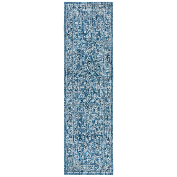 Courtyard Navy/Ivory 2 ft. x 22 ft. Border Floral Scroll Indoor/Outdoor Runner Rug