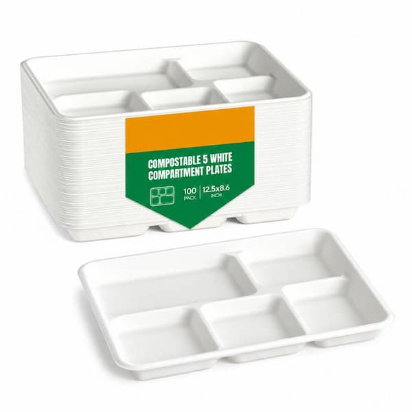 White Disposable Bagasse 5 Compartment Paper Trays Heavy Duty Divided Plates for School Lunch Buffet 100 Pack