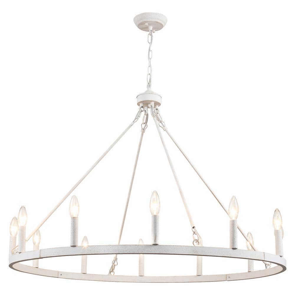 12-Light Distressed White Modern Candlestick Wagon Wheel Chandelier for Liv