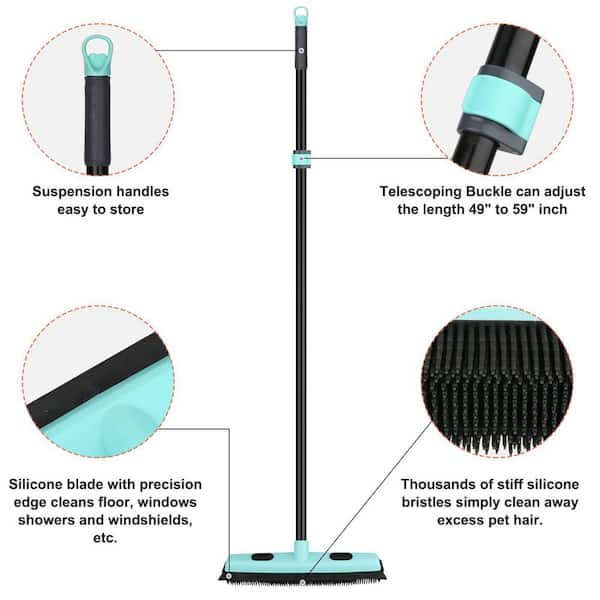 LandHope Push Broom Long Handle Rubber Bristles Sweeper Squeegee Edge 59 Inches Non Scratch Bristle Broom For Pet Cat Dog Hair Carpet Hardwood Tile Windows Clean Water Resistant (Multi Segment Handle