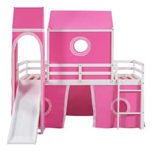 Pink Twin Size Loft Bed with Slide, Tent and Tower, Playhouse Wood Twin Bunk Bed Frame for Kids, Boys, Girls, Teens