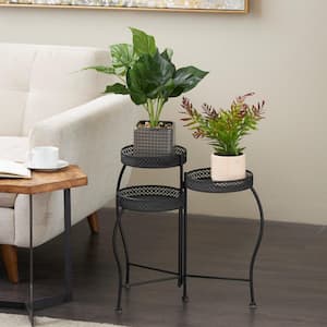 17 in. Black Metal Curved Folding 3 Tier Plantstand with Floral and Scroll Patterns