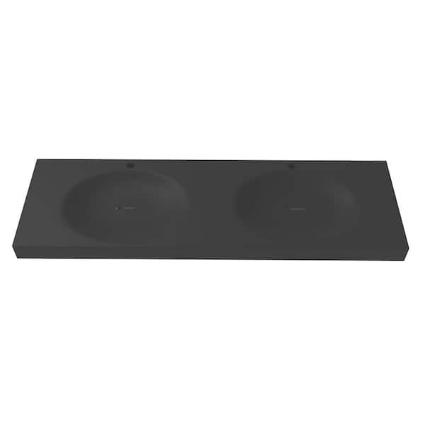 castellousa Darleen 60 in. Ultraminimalist Matte Black Solid Surface Rectangular Double Shallow Basin Wall Mounted Non Vessel Sink