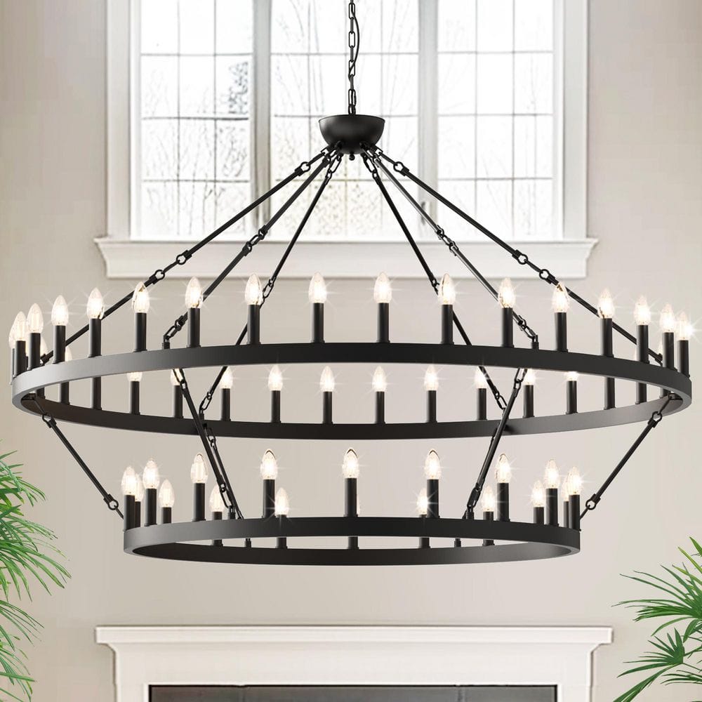 Briignite 60 in. 54-Light Extra Large Black Wagon Wheel Chandelier