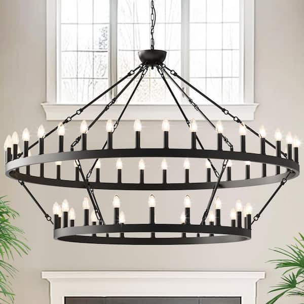 Briignite 60 in. 54-Light Extra Large Black Wagon Wheel Chandelier, 2-Tier for Dining Room Living Room