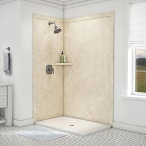 Elegance 36 in. x 48 in. x 80 in. 7-Piece Easy Up Adhesive Corner Shower Wall Surround in Creme Travertine
