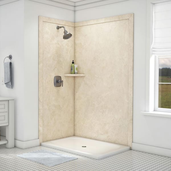 FlexStone Elegance 36 in. x 48 in. x 80 in. 7-Piece Easy Up Adhesive Corner Shower Wall Surround in Creme Travertine