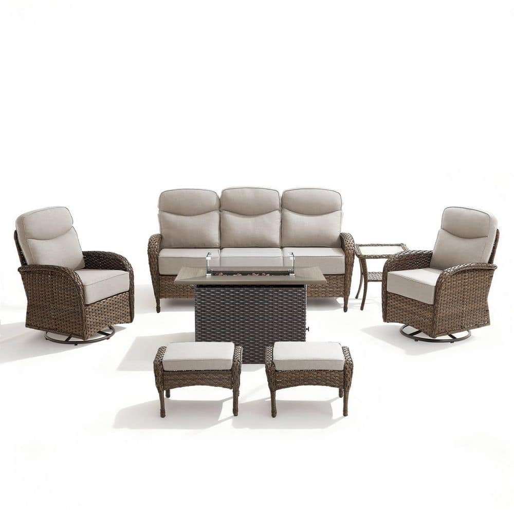 High Crescent 7-Piece Brown Wicker Patio Conversation Set with Beige Cushions and Rectangular Fire Pit Table price history on PriceWatchPro