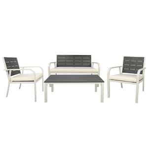 White 4-Piece Metal Patio Conversation Set, All Weather Outdoor Sofa Set with White Cushions for Backyard Balcony Garden