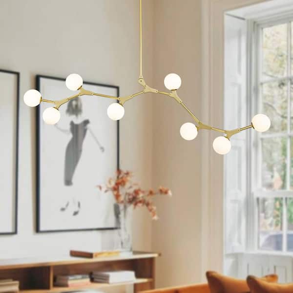 Y'INSP 8-Light Brass Modern Linear Chandelier with White Glass Shade (No Bulbs Included)