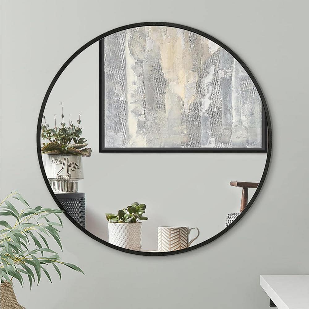 Nestfair 32 in. W x 32 in. H Black Round Brushed Aluminum Frame Mirror ...