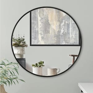 32 in. W x 32 in. H Black Round Brushed Aluminum Frame Mirror