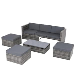 5-Piece Wicker Patio Conversation Set Outdoor Sofa Set with Gray Cushions, Plywood Coffee Table and Lounger Sofa