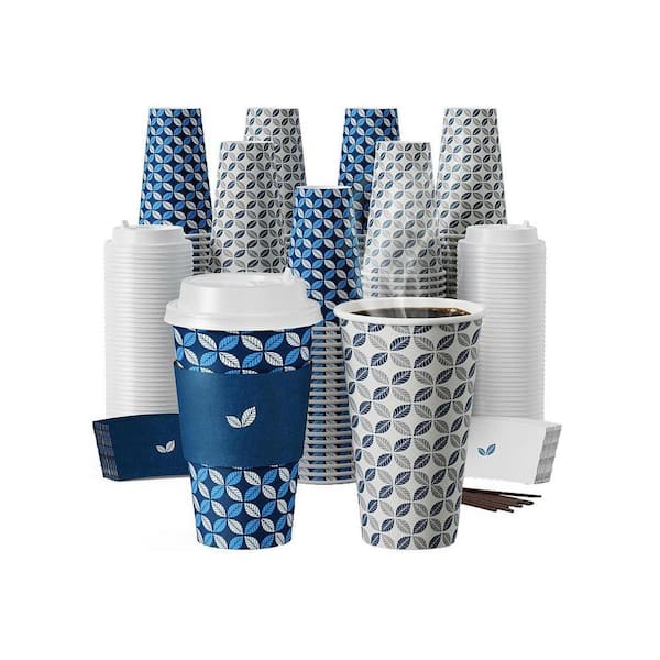 3.54 in. Blue Leaf Grey Leaf Mixed Disposable Paper Hot Cup with Lid Sleeve Stirrer 100 Per Case