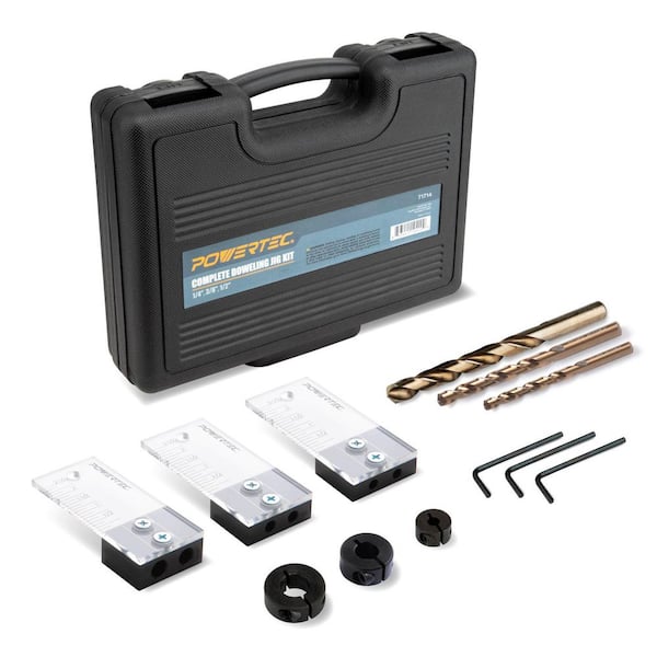 Dowel Jig Kit 1/2 in., 3/8 in. and 1/4 in. with Cobalt M-35 Drill Bits, Laser Cut Depth Scale and Ring Stop