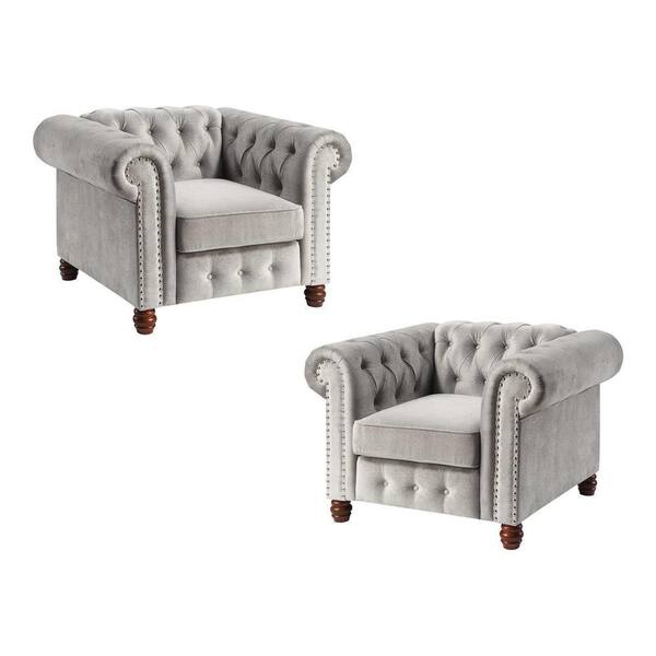 EVERGLADE HOME Clifton 42.5 in. W Square Arm Velvet Straight Chesterfield Rectangle Chair in Gray (Set of 2)