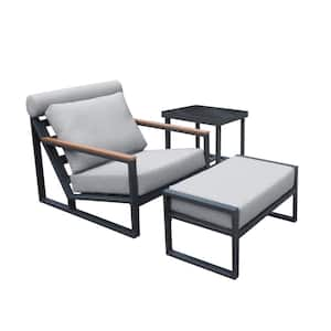 Gray 3-Piece Aluminum Outdoor Recliner Chair with Gray Cushions and Ottoman for Garden, Backyard, Balcony and Poolside