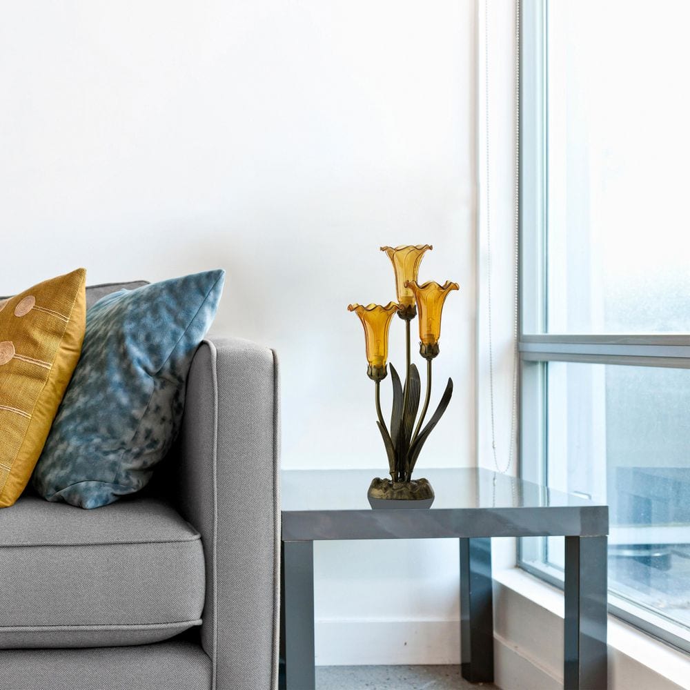 21.5" Amber Glass and Bronze Lily Table Lamp Set