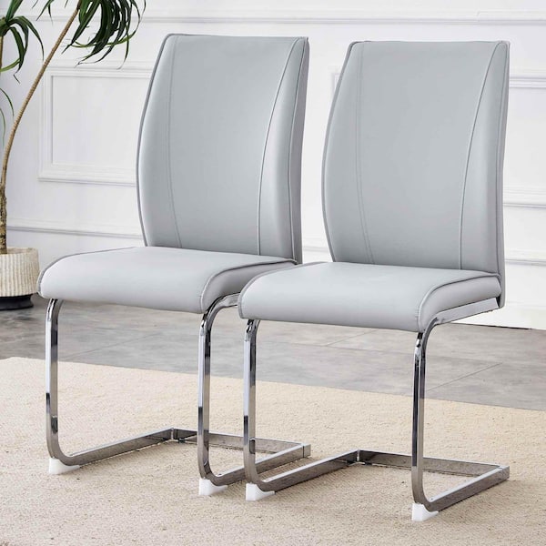Light Gray,Silver PU Leather Metal Frame Dining Chairs Set of 2
