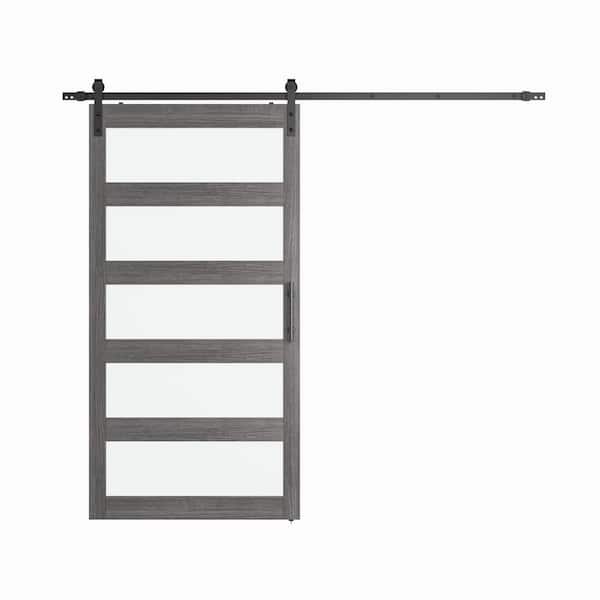 42 in. x 84 in. 5 Frosted Glass Gray PVC Surface MDF Sliding Barn Door with Hardware Kit