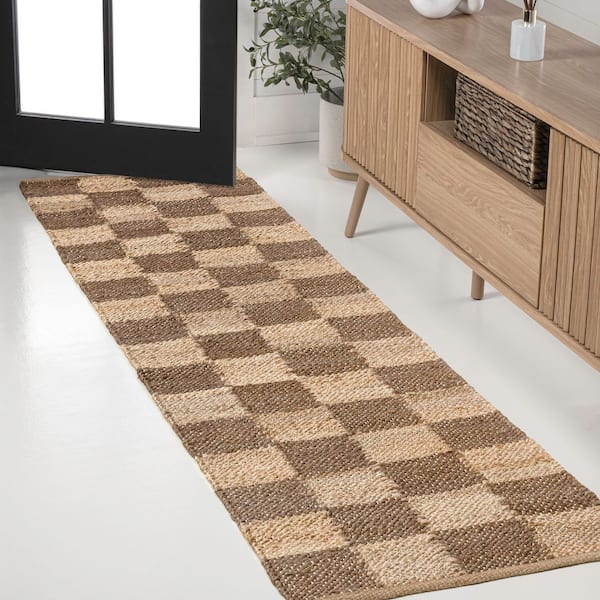 JONATHAN Y Theo Modern Farmhouse Woven Jute Checkerboard Natural/Brown 2 ft. x 10 ft. Runner Rug