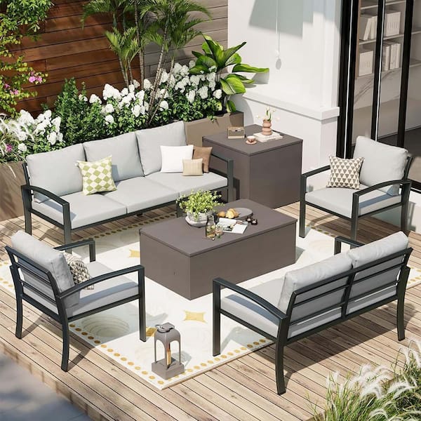 Zeus & Ruta 7-Piece Black Aluminum Outdoor Conversation Set with Light Gray Cushions and Storage Box