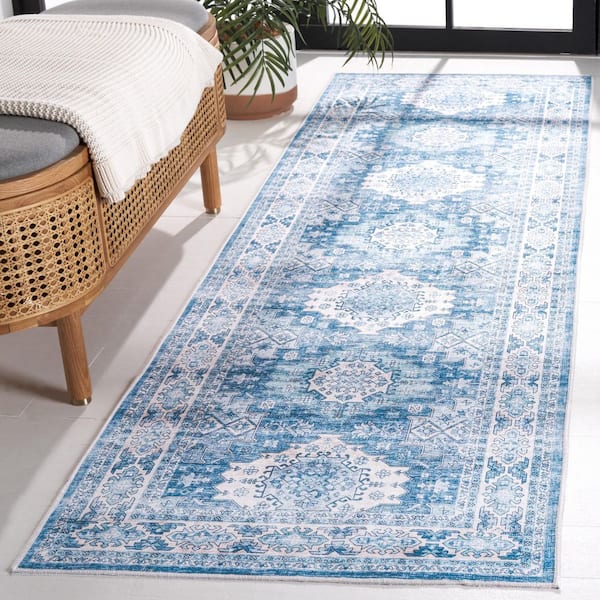 Arizona 3 ft. x 8 ft. Light Blue/Blue Machine Washable Distressed Border Ornate Runner Rug