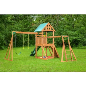 Mountain View Playset with Tarp Roof, Monkey Bars, Sandbox, Multi-Color Swing Set Accessories and Green Slide