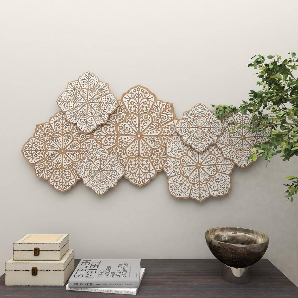 White and Natural Wood Intricately Carved Floral Wall Decor