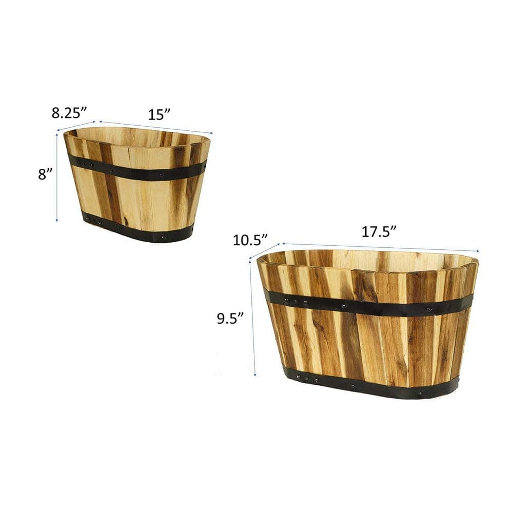 Set of 2 Acacia Wood Oval Barrel Planters with Metal Bands