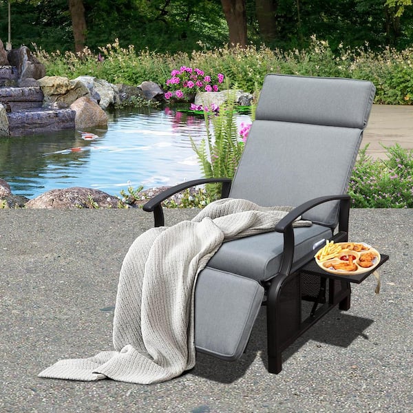 Black Metal Outdoor Lounge Chair with Gray 6.8 in. Removable Cushion, Flip Table Push Back, Adjustable Angle