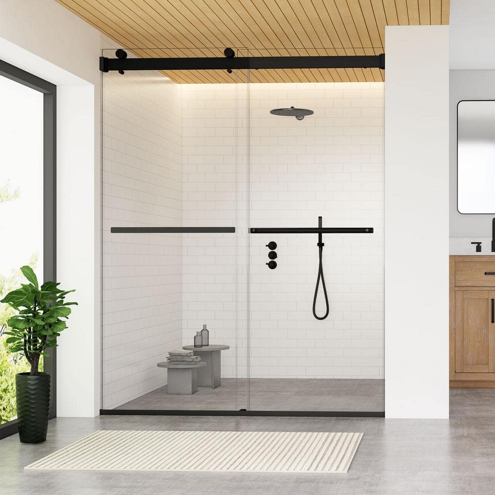 Matte Black Frameless Clear Glass Bypass Shower Door, 60" W x 76" H