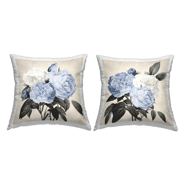 Blue Rose Blossoms Beige Square Outdoor Throw Pillow 2-Pack