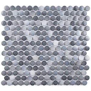 Porcetile Round Multi Gray 12.41 in. x 11.46 in. Penny Glossy Porcelain Mosaic Wall and Floor Tile (9.9 sq. ft./Case)