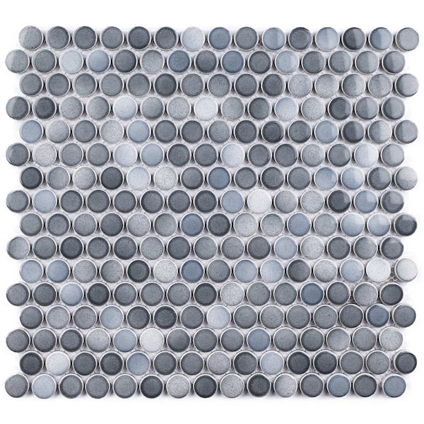 MOLOVO Porcetile Round Multi Gray 12.41 in. x 11.46 in. Penny Glossy Porcelain Mosaic Wall and Floor Tile (9.9 Sq. ft./Case)