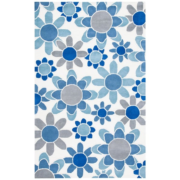 Kids 5 ft. x 8 ft. Ivory/Blue Oversized Floral Area Rug