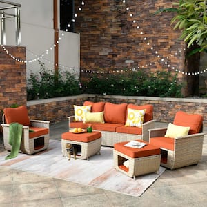 Echo Beige 5-Piece Wicker Multi-Functional Pet Friendly Outdoor Patio Conversation Sofa Set with Orange Red Cushions