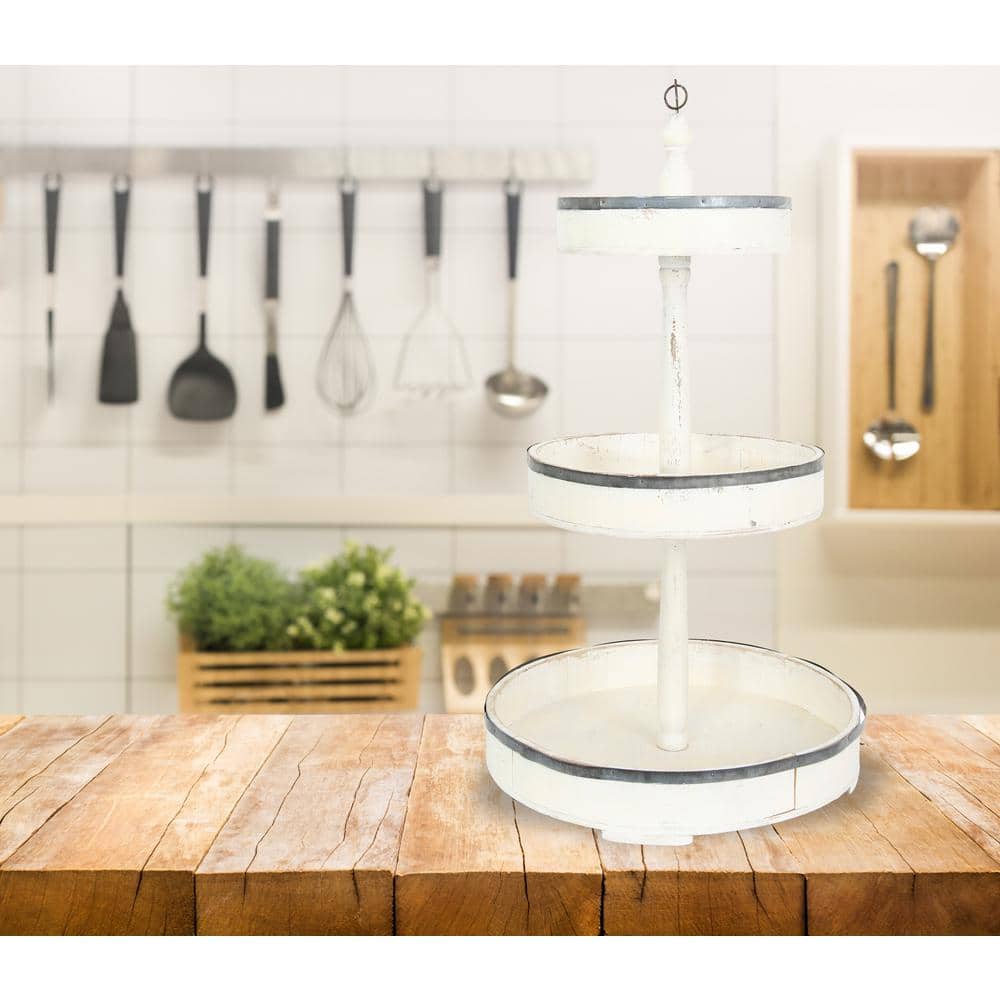 White Wood and Metal Round 3-Tier Tray Server