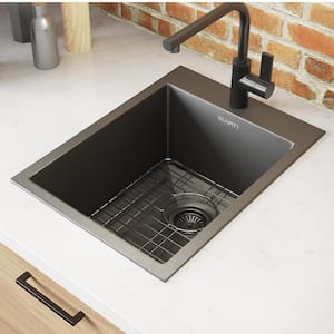 Terraza 16 Gauge Stainless Steel 15 in. x 20 in. 1-Hole Drop-In Bar Sink in Gunmetal Black