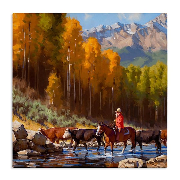 Stupell Industries Herding Cattle Through Stream by Jimmy Dyer 1-Piece Unframed Graphic Print Nature Poster Art Print 17 in. x 17 in.