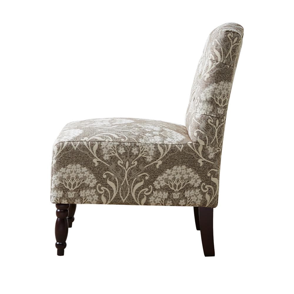 Taupe Floral Handcrafted Wood Armless Accent Chair