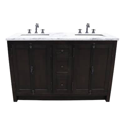 Plantation 55 in. W x 22 in. D Double Bath Vanity in Brown with Marble Vanity Top in White with White Rectangle Basins