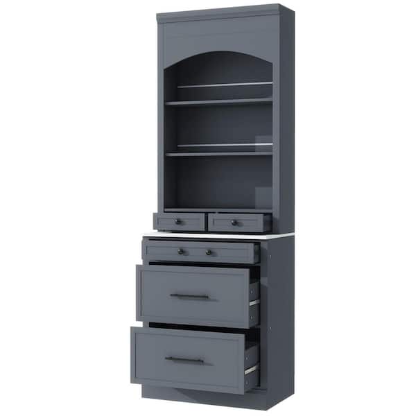 Gray 75.25 in. Accent Cabinet, Pantry Cabinet with Faux Marble Top, 5 Storage Drawers and Adjustable Shelf