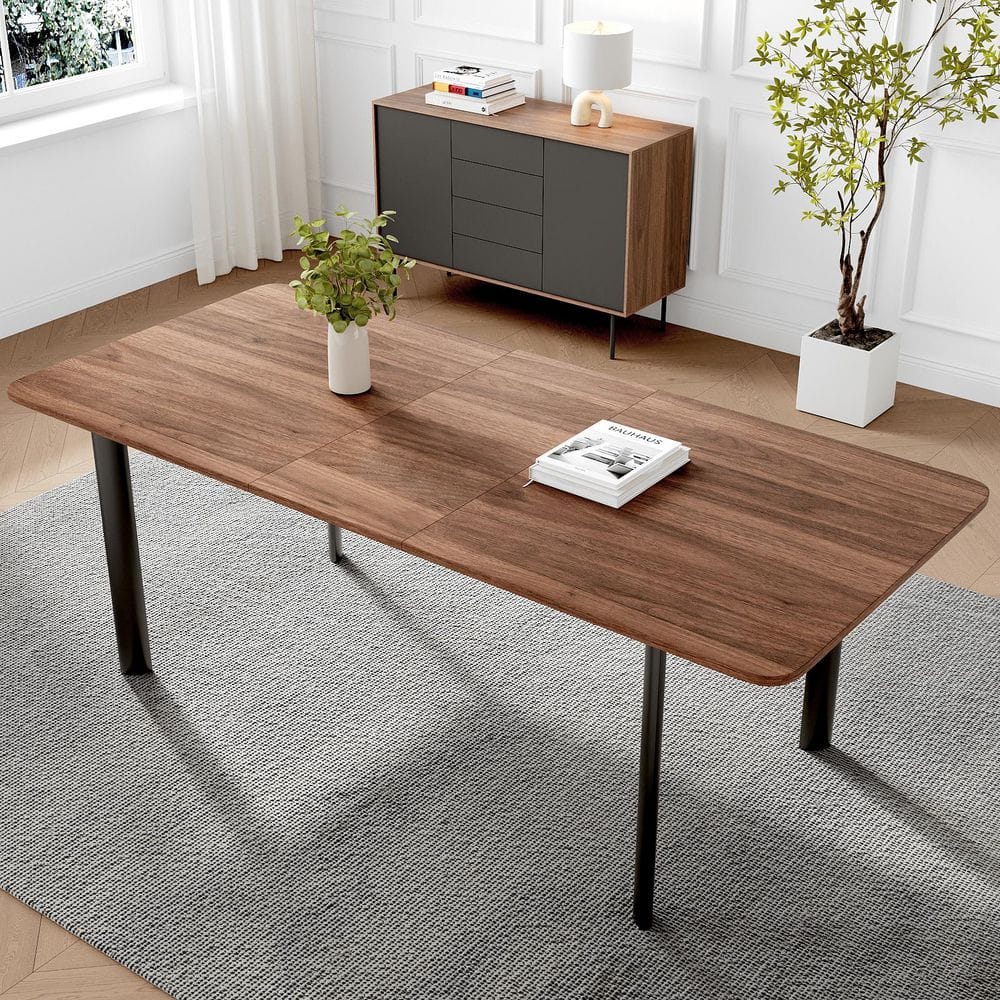 1-Piece Modern Rectangular Walnut Wood 78.7 in. 4 Metal Legs Dining Table（seats 6-8)