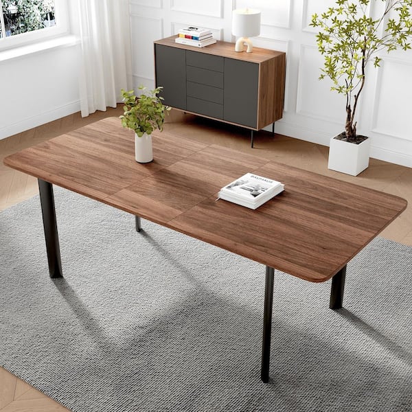 1-Piece Modern Rectangular Walnut Wood 78.7 in. 4 Metal Legs Dining Table（seats 6-8)